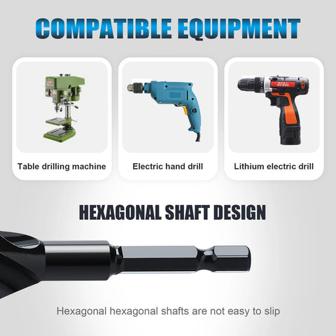 Auger drill bit with hexagonal shaft; black metal finish shown on a banner about compatible equipment.