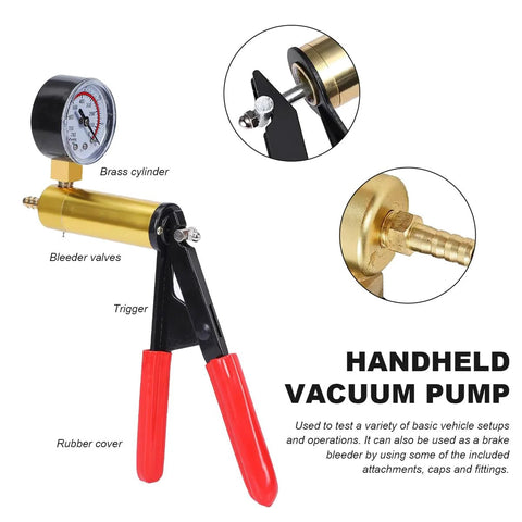 Front view of SHMZK handheld vacuum pump brake bleeder kit with gauge, brass cylinder, red handles and fittings.