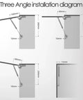 Three angle installation diagram for Heavy Duty 10 Inch Gas Struts 2 Pack Soft Close Cabinet Lift Supports.