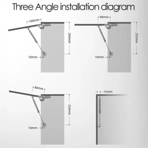Three angle installation diagram for Heavy Duty 10 Inch Gas Struts 2 Pack Soft Close Cabinet Lift Supports.