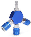 Front view of blue anodized aluminum 3-way air manifold with three 1/4 in NPT quick-connect fittings