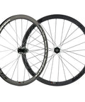 Rad Carbon Road Wheelset 700c Clincher Ride Ready 38mm Deep 23mm Wide Center Lock Thru Axle displayed front and back angles