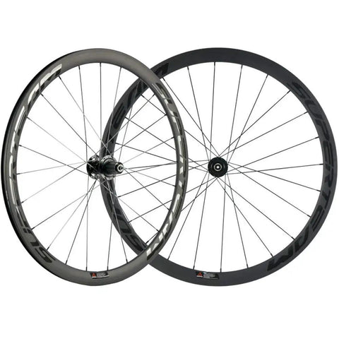 Rad Carbon Road Wheelset 700c Clincher Ride Ready 38mm Deep 23mm Wide Center Lock Thru Axle displayed front and back angles