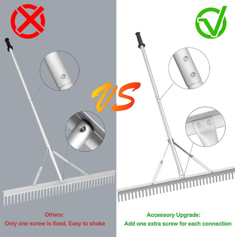 Comparison of 36 Inch Aluminum Landscape Rake With 67 Inch Handle, showing single vs double screw fasteners.