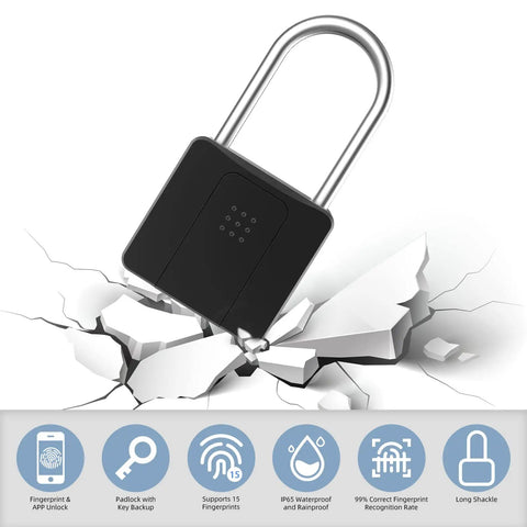 Fingerprint Padlock With Bluetooth Lock App, Quick Finger Unlock, Long Shackle Smart Padlock For Outdoor Use, displayed on cracked surface