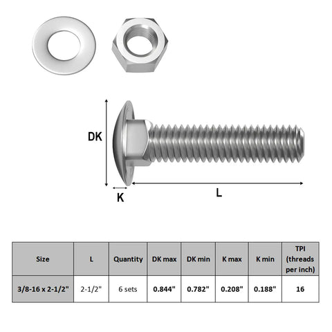 No Fuss High Grade 304 Stainless Steel Carriage Bolts And Hex Nuts Set With Flat Washers 3 8 16 X 2 1 2 Inch round head bolt and hex nut