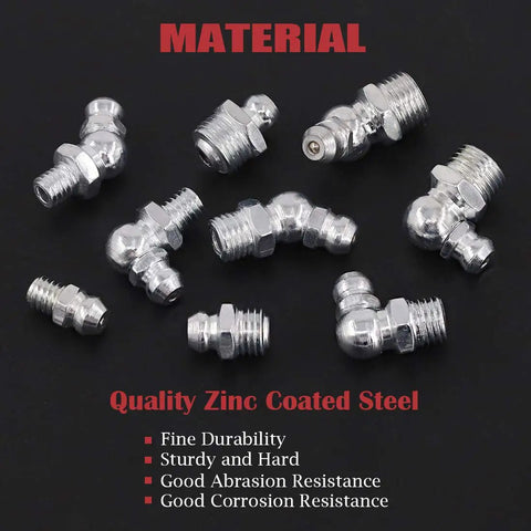 123 Piece Metric Hydraulic Zerk Grease Fittings Kit With 9 Common Sizes in zinc-coated steel, shown on black background