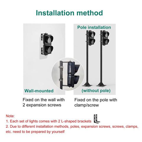 Installation method for Industrial Led Traffic Stop Light With Bright Red And Green Lenses showing wall and pole mounting options.