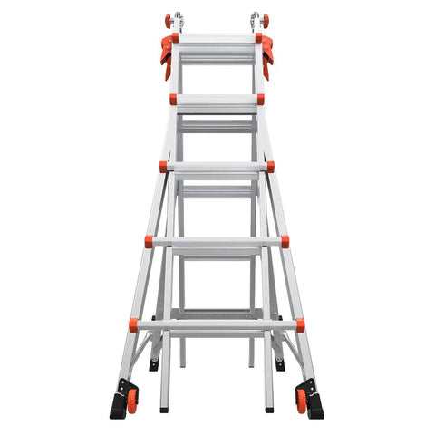 Velocity Aluminum Ladder Do-It-All 22 ft Multi-Position with Leg Levelers, Lightweight, Easy Extend and Lock, Ready for Any DIY Project, Home Renovation, Roofing, Painting, and Maintenance. Front view folded aluminum ladder with orange levelers