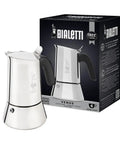 New Venus Induction Stovetop Coffee Maker 6 Cup Stainless Steel Silver shown with box, induction ready, Italian design.