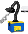 Compact Desktop Solder Fume Extractor With 2 In 1 Filter, blue body, black hose, visible airflow, and spare filters