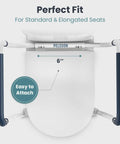 Adjustable Toilet Safety Rails For Seniors with blue handles mounted on a toilet, showing 6-inch width, easy to attach.
