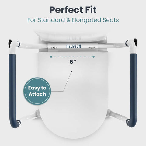 Adjustable Toilet Safety Rails For Seniors with blue handles mounted on a toilet, showing 6-inch width, easy to attach.