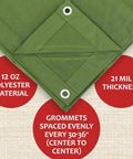 Close-up of 10x16 Foot Canvas Tarp 12 Oz Tough As Nails Heavy Duty Water Resistant With Breathable Fabric and grommets detail.