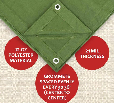 Beefy Heavy Duty 12x20 Olive Green Polyester Tarp 12oz Water Resistant with grommets and double stitched seams, 21 mil thickness.
