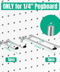 10 Pack Pegboard Hooks Set, Heavy Duty Metal Hooks For Pegboard, 4 Inch And 6 Inch Lengths, 1/4 Inch Fit displayed on pegboard