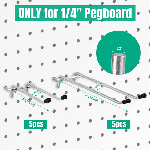 10 Pack Pegboard Hooks Set, Heavy Duty Metal Hooks For Pegboard, 4 Inch And 6 Inch Lengths, 1/4 Inch Fit displayed on pegboard
