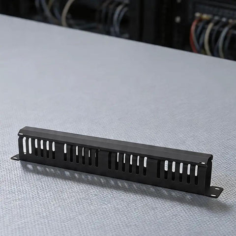 Rock Solid 24 Port Network Patch Panel For 19 Inch Rack Mount With Standard Rj45 Jacks Heavy Duty Cable Management Gear in black finish on a table.