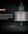 1 Inch Carbide Hole Saw Drill Bit Kit With 3 Flat Shank And YG10X Cutter Head in use on metal plate, showing vertical orientation