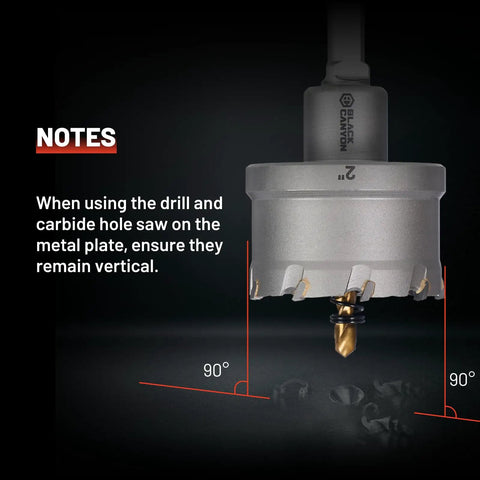 1 Inch Carbide Hole Saw Drill Bit Kit With 3 Flat Shank And YG10X Cutter Head in use on metal plate, showing vertical orientation