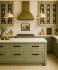 Modern kitchen with green cabinets featuring 128Mm Matte Black Cup Pull Cabinet Handle for Modern Industrial Kitchen and Bath Single Drawer Pull Built Tough Solid Zinc Construction Durable Cabinet Hardware for Cabinets Doors and Furniture