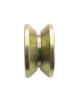 Side view of V Type Groove Sliding Gate Roller Wheel Set With Dual Bearings, Beefy Heavy Duty Steel Track Caster, 80mm, for industrial use.