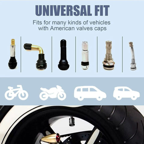 Universal vehicle valve caps with various designs for cars and motorcycles, compatible with Beefy Bumper Quick Release Kit 14 Piece.