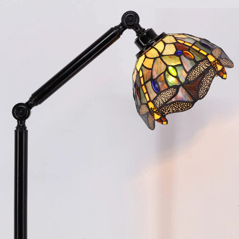Tiffany Style Stained Glass Floor Lamp With Swivel Arm 72 Inch Tall Angle Adjustable Reading Light Antique Amber Yellow Dragonfly Shade