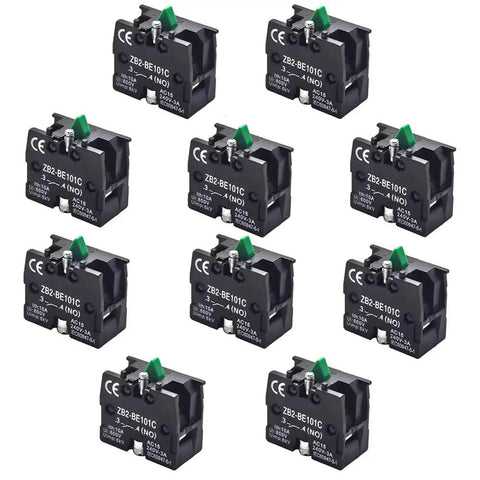10 Pack Normally Open Contact Block Fits 22 Mm Industrial Push Buttons AC 15 Rated 240 Volt 3 Amp Auxiliary Module with green actuator