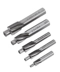 5-piece HSS end mill drill bit set with four-flute cutters, silver metal bits