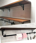 Heavy Duty Shelf Brackets With Hooks Pair Of Rock Solid Black Floating Wall Supports Rust Proof Aluminum Alloy One Piece Cast Construction for mounted wooden shelves.