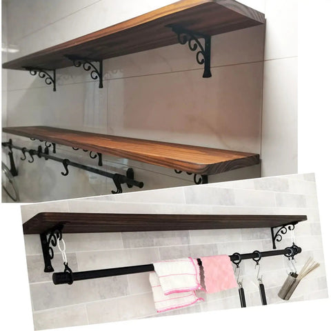 Heavy Duty Shelf Brackets With Hooks Pair Of Rock Solid Black Floating Wall Supports Rust Proof Aluminum Alloy One Piece Cast Construction for mounted wooden shelves.