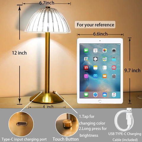 Rechargeable Portable Mushroom LED Table Lamp With Touch Sensor 3 Color Dimmable Brightness Cordless Brass Desk Light sizing guide