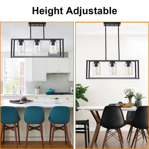 Classic Pendant Lighting For Kitchen Island With Hammered Glass Shades 3 Light Linear Modern Farmhouse Chandelier, Height Adjustable