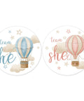40 Count Pink and Blue Hot Air Balloon Gender Reveal Stickers for Team He and Team She, 1.75 Inch Round Labels, Boho Style