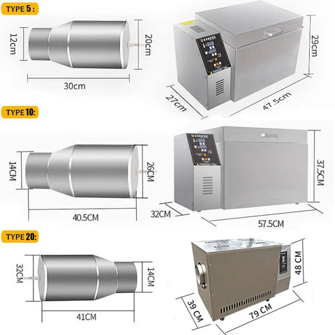 Heavy Hitter Electric Coffee Roaster With Snappy Heat Stainless Steel Chamber dimensions and components displayed, showing multiple sizes.