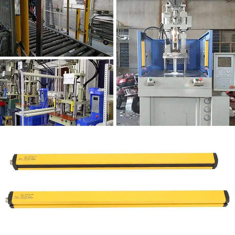 Light Curtain Sensor Security Beam Kit 24V DC 525mm Pro Grade With 12 Beams Safety Light Screen on machinery and factory floor.