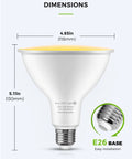 Amber Outdoor Bug Light Bulbs PAR38 LED Flood Light 2 Pack, E26 Base, 2000K Warm Yellow, dimensions illustration
