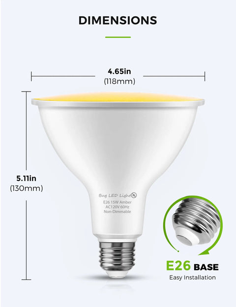 Amber Outdoor Bug Light Bulbs PAR38 LED Flood Light 2 Pack, E26 Base, 2000K Warm Yellow, dimensions illustration