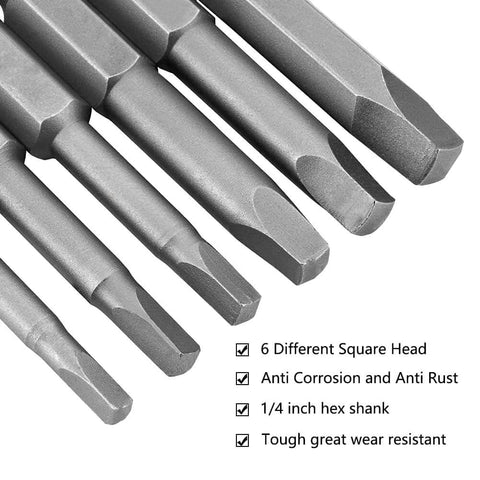 Close-up of 12 Piece One Quarter Inch Hex Shank Square Tip Bit Set With Magnetic Square Head Bits SQ5 SQ4 SQ3 made from S2 steel