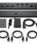 Turn Your Rig Into A Beast With This Thunderbolt 5 USB C Docking Station Bundle featuring ports, cables, and power adapter for seamless setup.