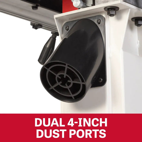 Close-up of dual 4-inch dust ports on 14-Inch Woodworking Band Saw With 1.75 HP Dual Voltage 115/230V 1Ph.