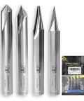 Carving Router Bit Set For Woodworking With 60 Degree And 90 Degree V Grooves 15 Degree Detail Liner And 20 Degree Flat Tip Profile Bits Four Piece Kit Built With Micrograin Carbide For DIYers And Pros shown in packaging
