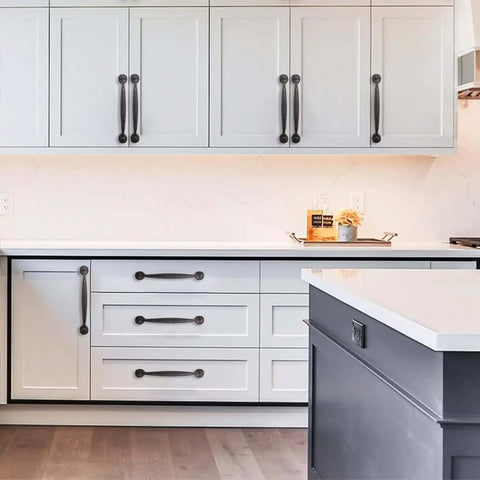 10 Pack 8 Inch Hole Center Rustic Iron Cabinet Pulls With Hammered Antique Finish on white kitchen cabinets and drawers