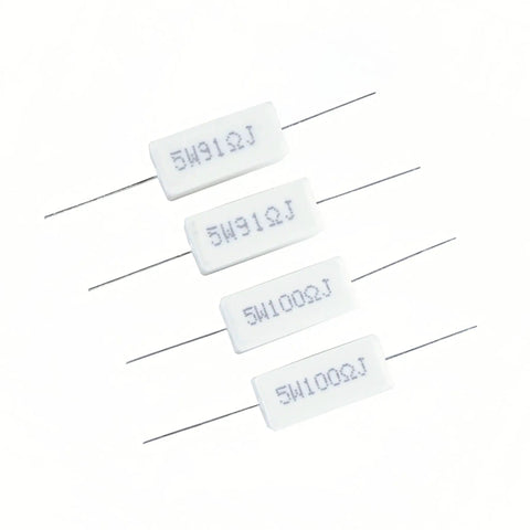Close-up of 60 Piece Cement Resistor Kit 5W Ceramic Power Resistors 0.01 Ohm To 100 Ohm With 5 Percent Tolerance, showing four resistors.
