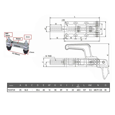 Technical drawing of Heavy Duty Double Headed Toggle Clamp for metalworking woodworking drilling grinding and welding.
