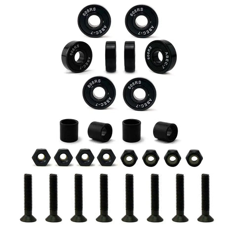 All In One Longboard Skateboard Combo Kit With 70mm Wheels, 7 Inch Aluminum Trucks (180mm Axles), ABEC 7 Bearings, Hardware And Spacers, 1.5 Inch Screws, Full Complete Set For Easy Build parts layout