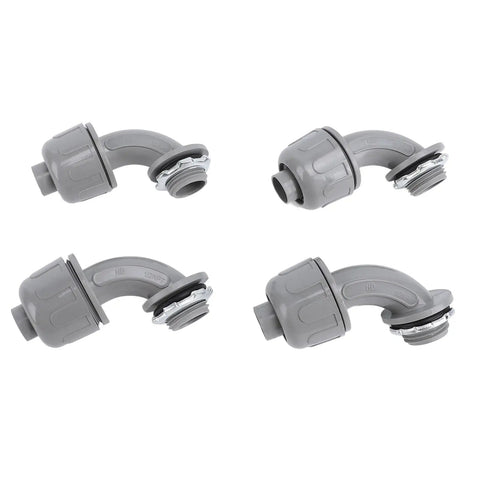 Twenty Piece Pack Of Rock Solid Ninety Degree Nylon 6 Liquid Tight Connectors For Rugged Electrical Conduit And Motor Wiring Half Inch NPT Heavy Duty Waterproof Cable Glands in gray, showing multiple angles.