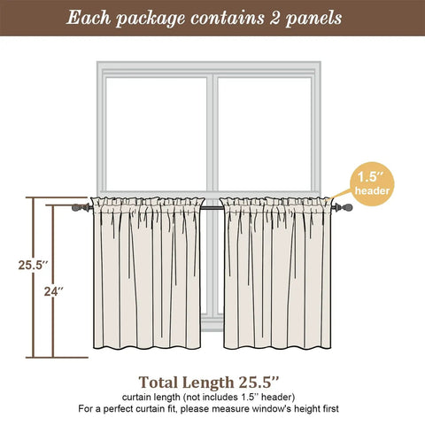 Sheer Curtain Tiers 2 Piece Set, Light Filtering Voile Window Curtains 42W X 24L Inches, Rod Pocket, Ivory, installed on window