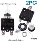 Pro Level Twin Pack Thermal Circuit Breakers With Quick Manual Reset Push Button And Heavy Duty Waterproof Caps Built For Gritty Job Sites And Rv Camps Rock Solid At 30 Amps Handling Smooth 125 To 250 Volt AC Flow, showing waterproof caps and stainless steel screws.